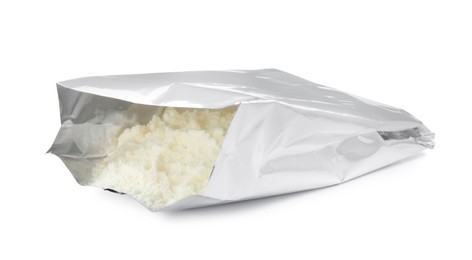 Photo of Bag of powdered infant formula isolated on white. Baby milk