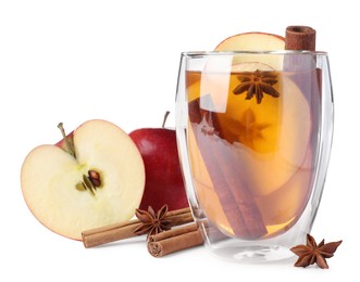 Photo of Hot mulled cider and ingredients on white background