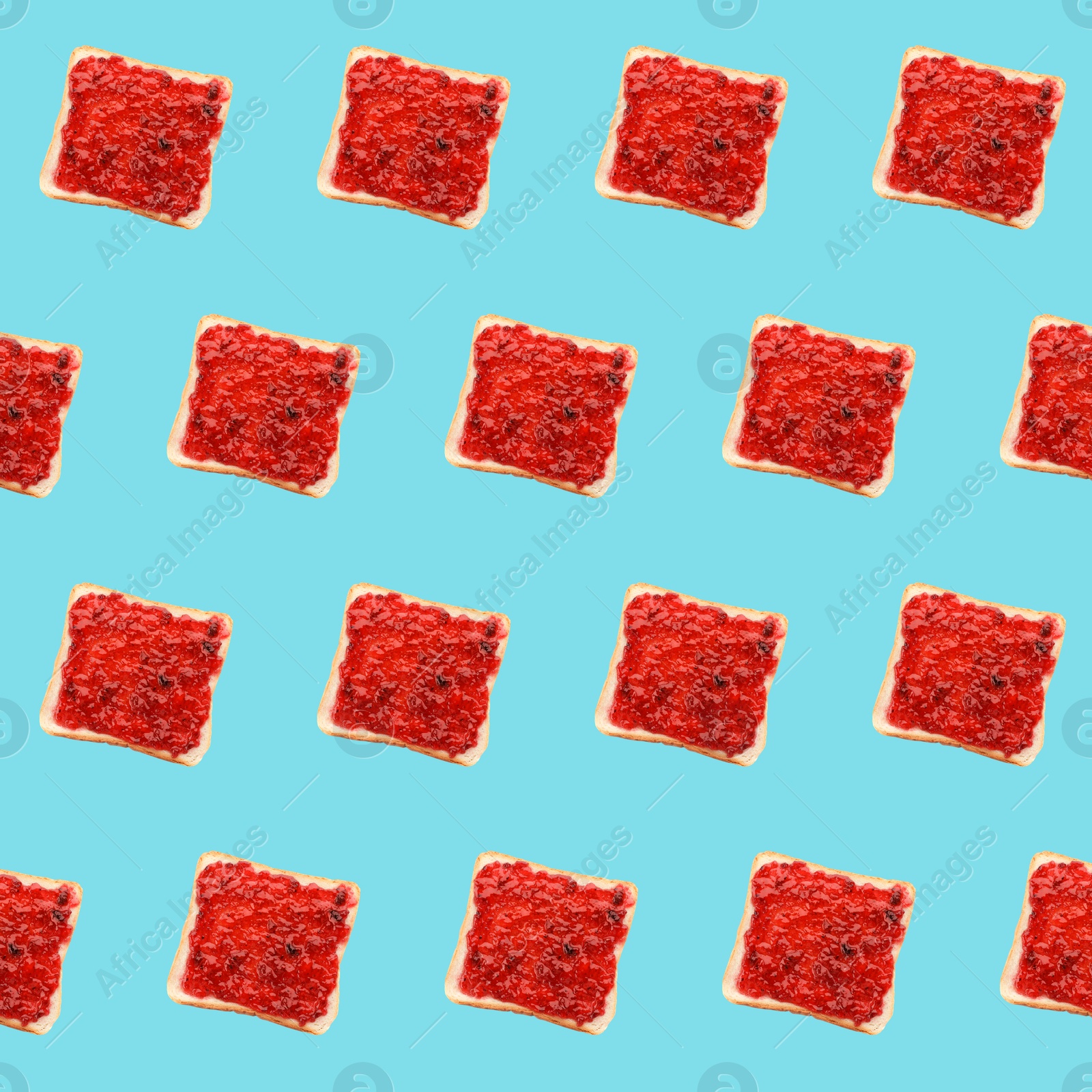 Image of Set of delicious toasted bread with jam on light blue background, top view