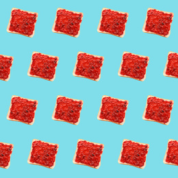 Image of Set of delicious toasted bread with jam on light blue background, top view