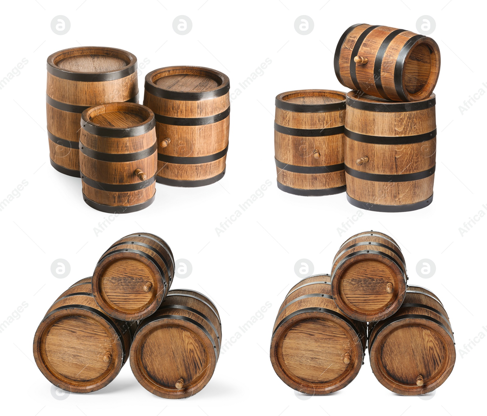 Image of Collage with wooden barrels on white background