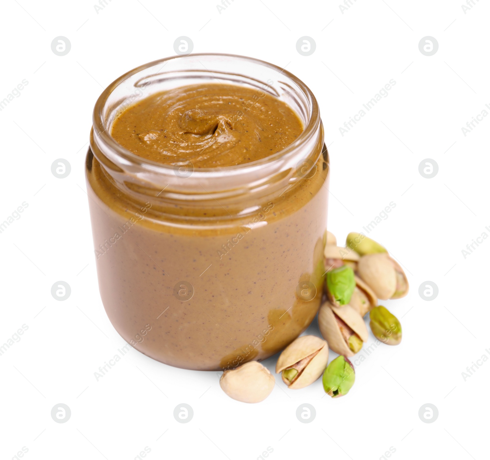 Photo of Tasty nut paste in jar and pistachios isolated on white