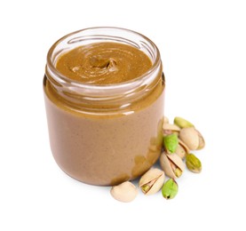 Photo of Tasty nut paste in jar and pistachios isolated on white