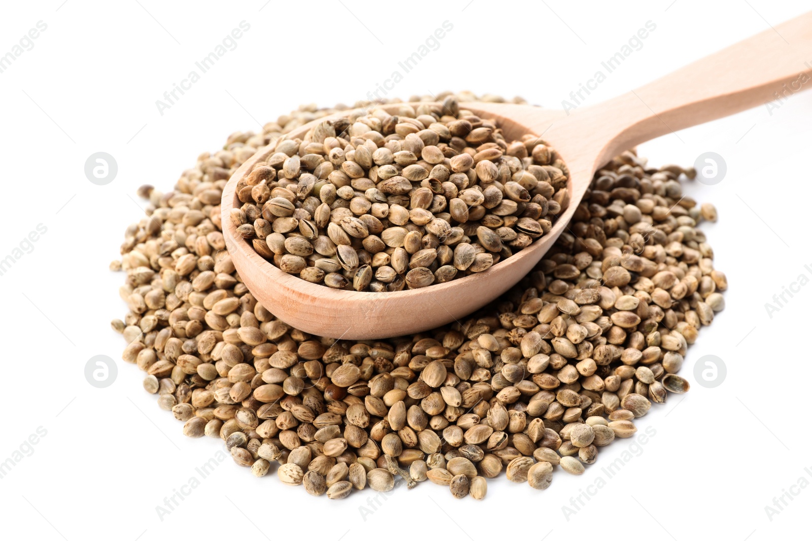 Photo of Wooden spoon and hemp seeds on white background