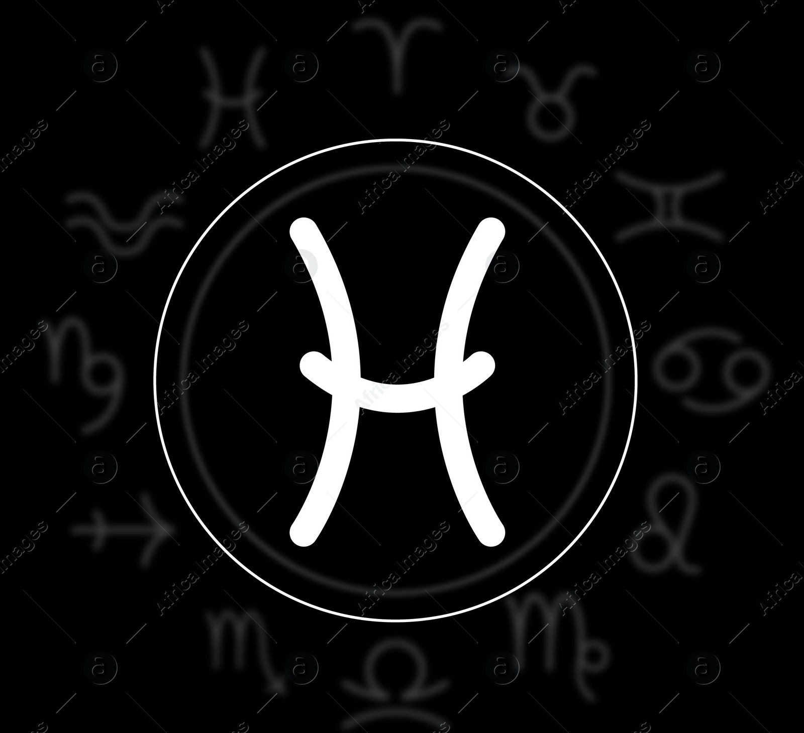 Illustration of Pisces astrological sign and zodiac wheel on black background. Illustration 