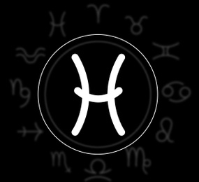 Illustration of Pisces astrological sign and zodiac wheel on black background. Illustration 