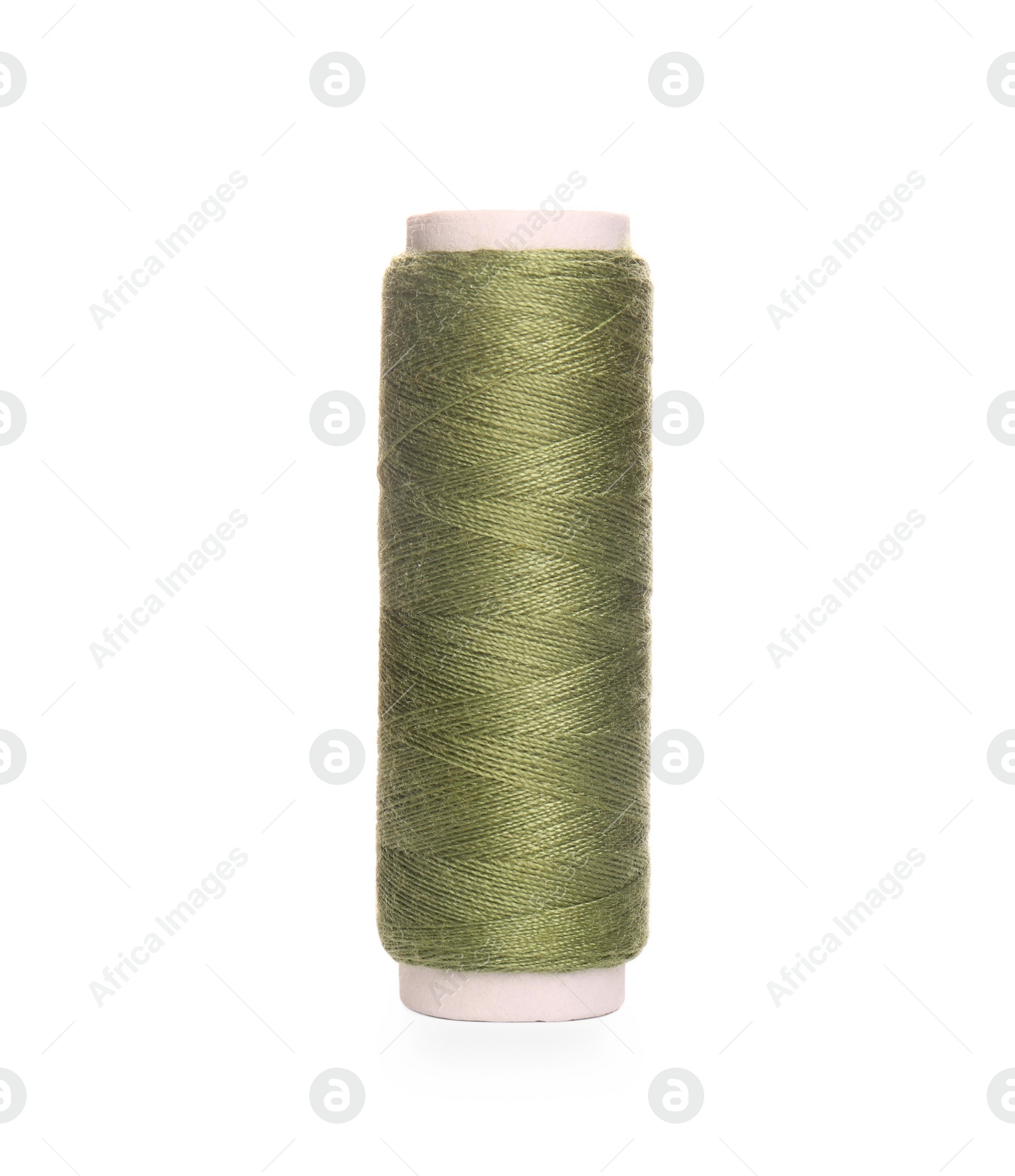 Photo of Spool of olive green sewing thread isolated on white