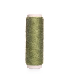 Photo of Spool of olive green sewing thread isolated on white