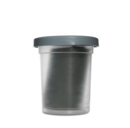 Photo of Plastic container of grey play dough isolated on white
