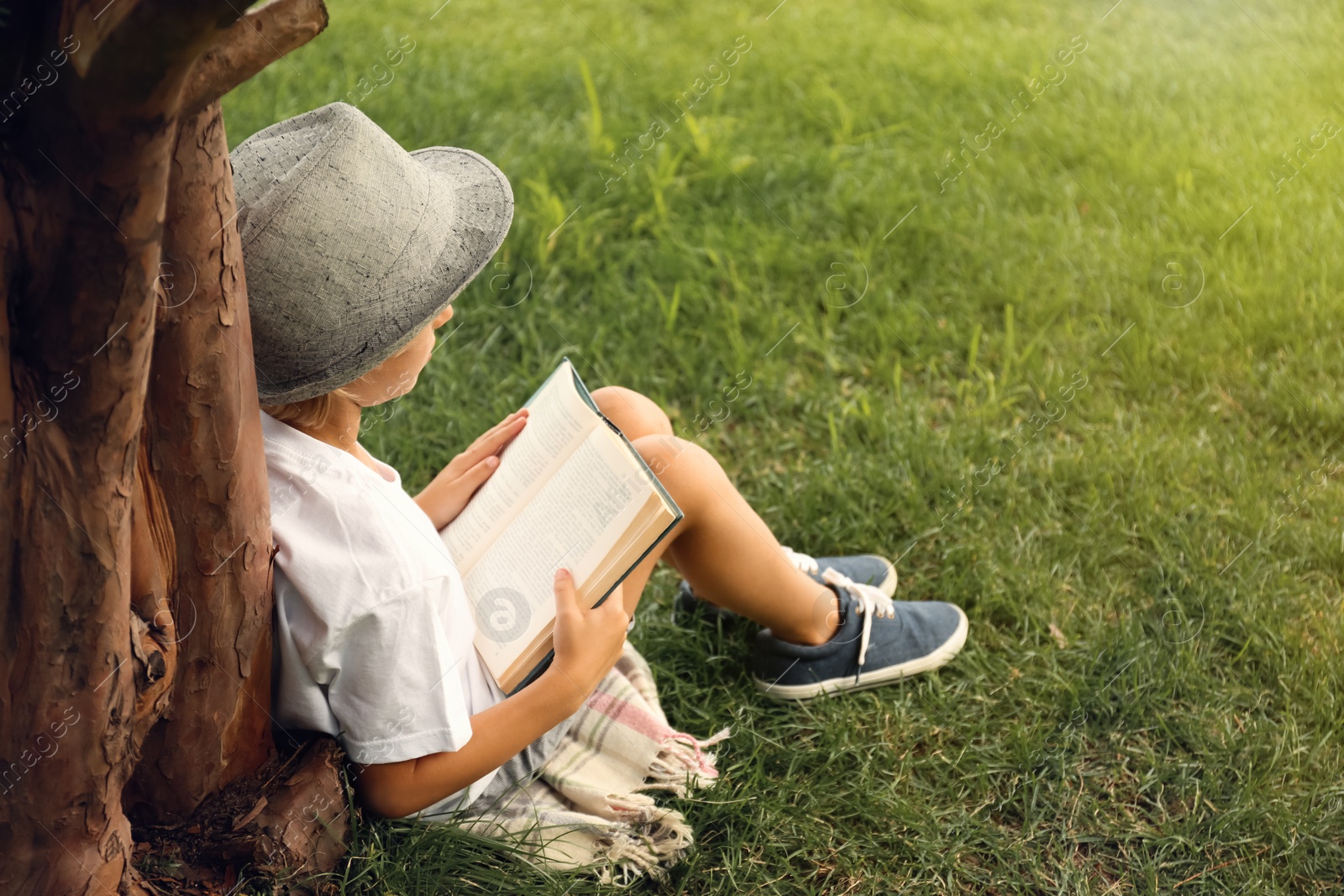 Photo of Cute little boy reading book on green grass near tree in park