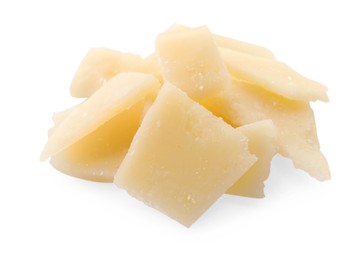 Photo of Pile of parmesan cheese pieces on white background