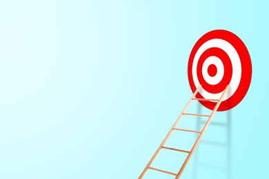 Image of Target and achievement concept. Wooden ladder leading to bullseye on light blue background