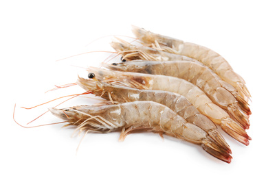 Fresh raw shrimps isolated on white. Healthy seafood