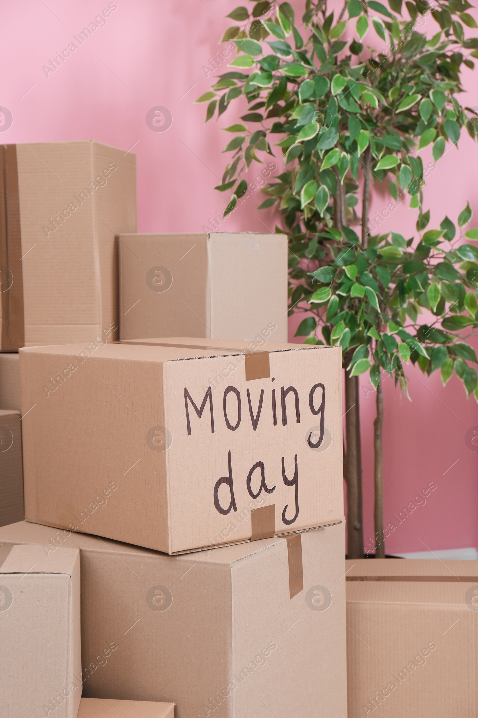 Photo of Cardboard boxes and household stuff in empty room. Moving day