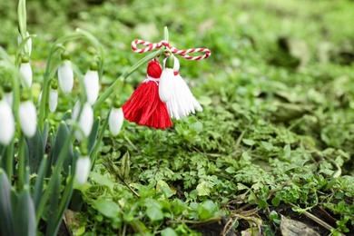Photo of Traditional martisor and beautiful snowdrops outdoors. Symbol of first spring day