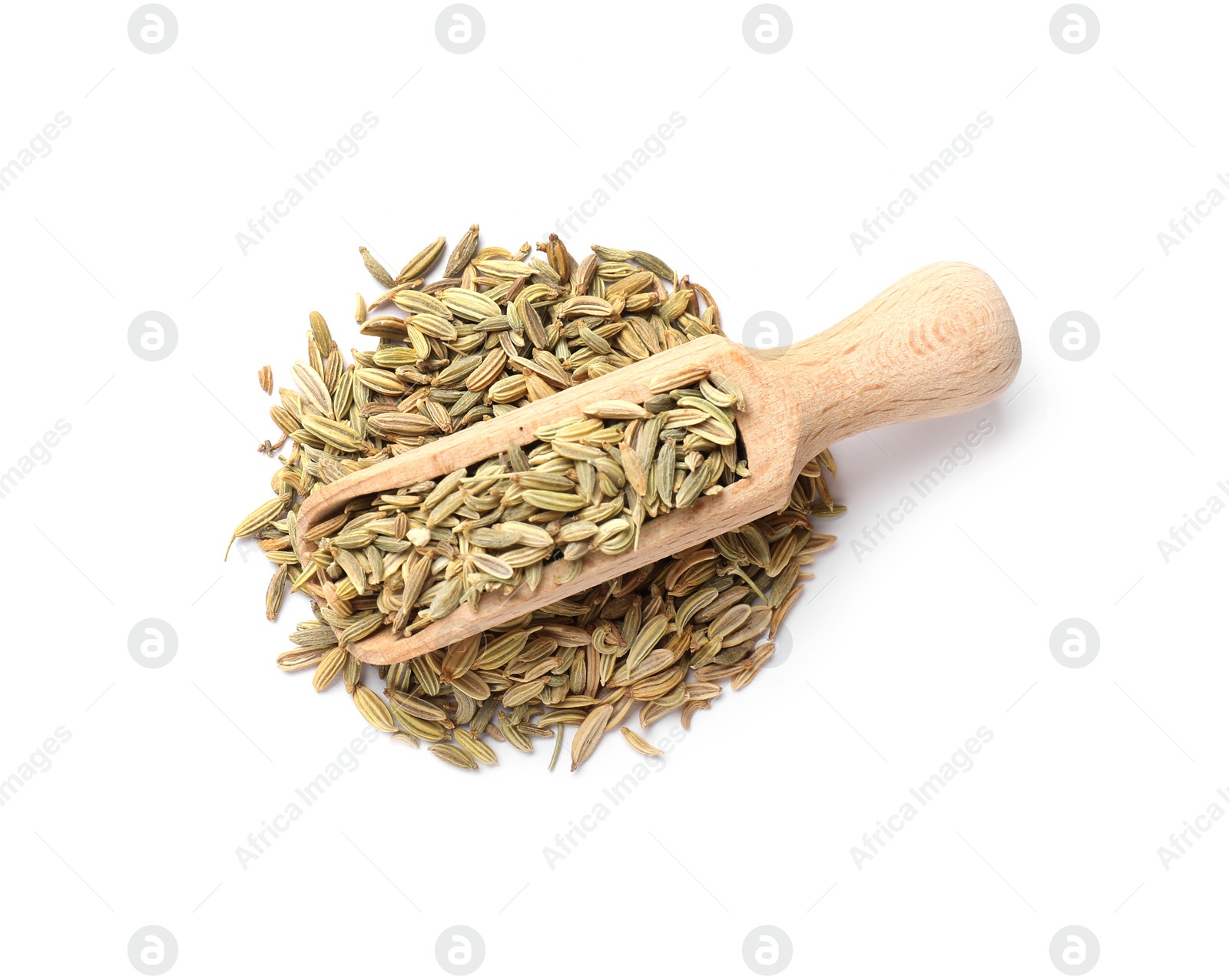 Photo of Scoop with dry fennel seeds isolated on white, top view