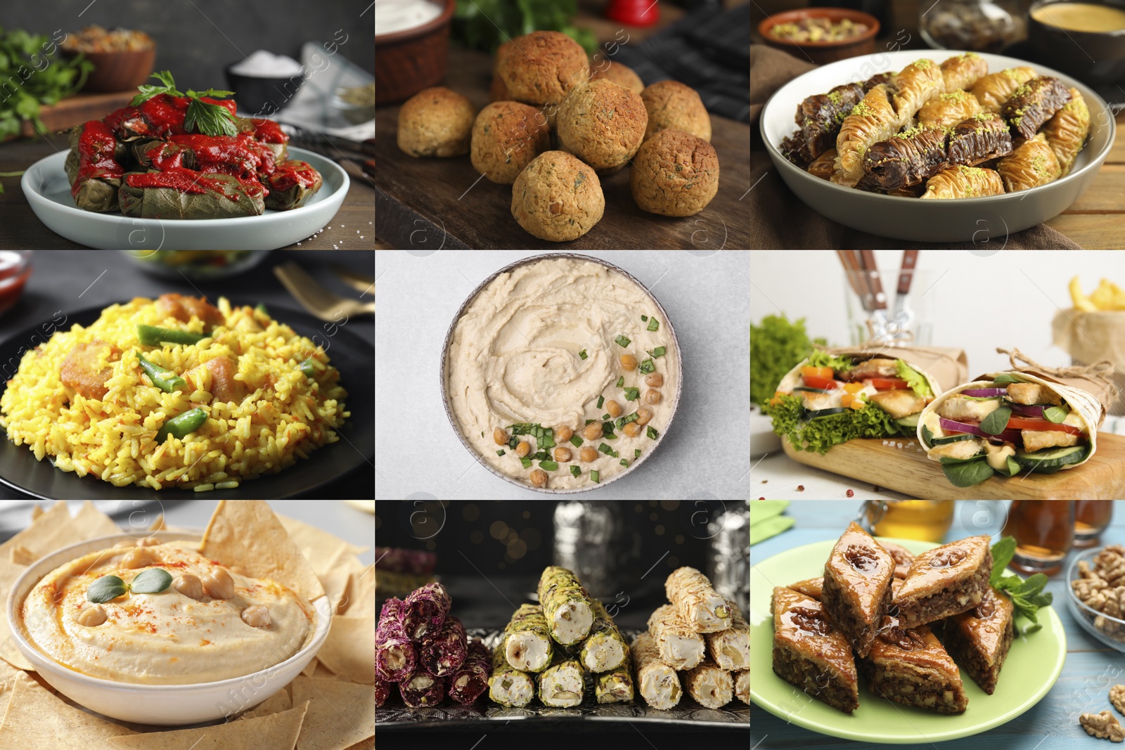 Image of Different tasty Middle Eastern dishes. Collage with shawarma, hummus, pilaf, desserts and others