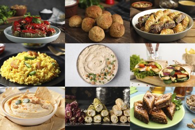 Different tasty Middle Eastern dishes. Collage with shawarma, hummus, pilaf, desserts and others