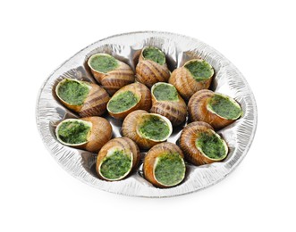 Photo of Many delicious cooked snails isolated on white