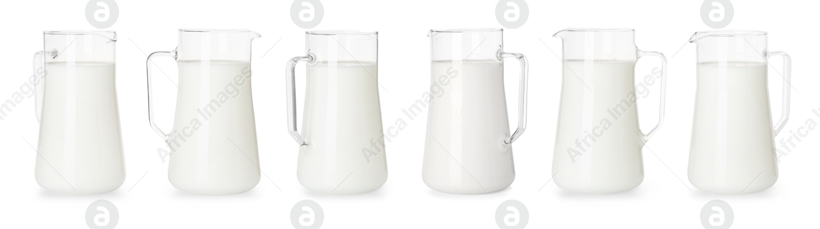 Image of Fresh milk in jug isolated on white, set