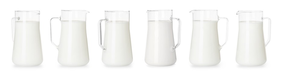 Image of Fresh milk in jug isolated on white, set