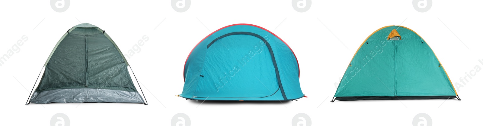 Image of Set with different bright camping tents on white background. Banner design