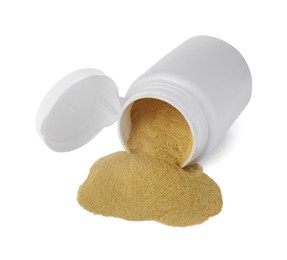 Photo of Plastic jar with brewer's yeast powder isolated on white