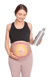 Sporty pregnant woman with kinesio tapes holding water bottle on white background