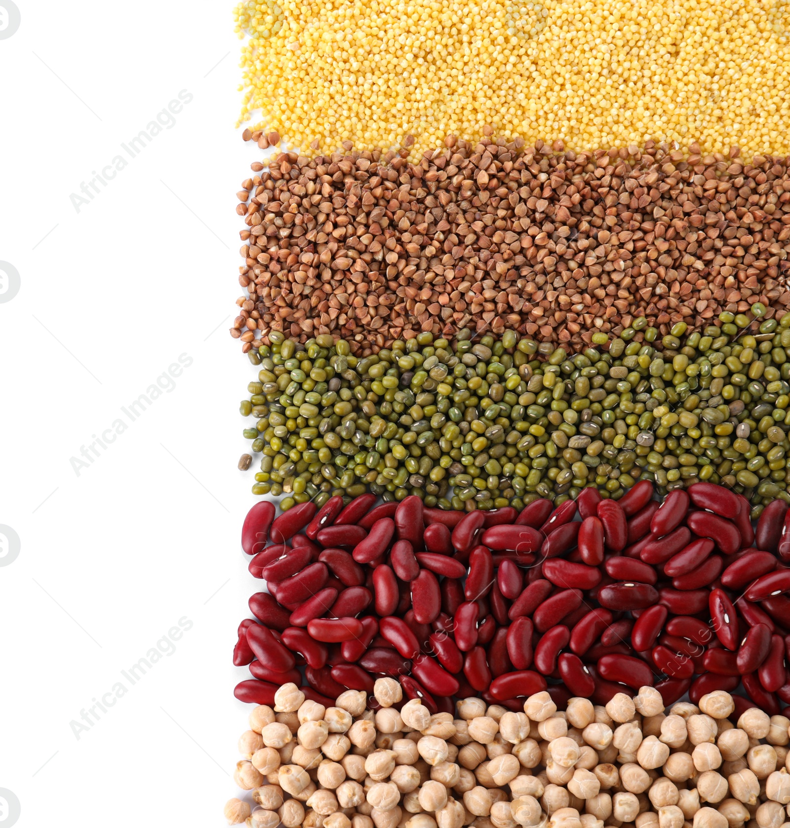 Photo of Different grains and cereals on white background, top view