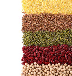 Photo of Different grains and cereals on white background, top view