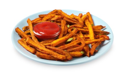 Photo of Plate with delicious sweet potato fries and sauce on white background