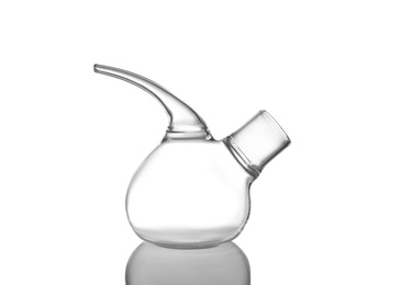 Empty retort flask on white background. Laboratory glassware