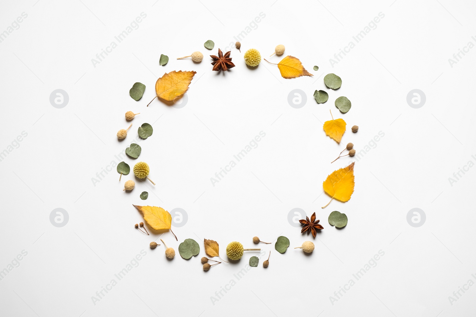 Photo of Flat lay composition with autumn leaves and space for text on white background