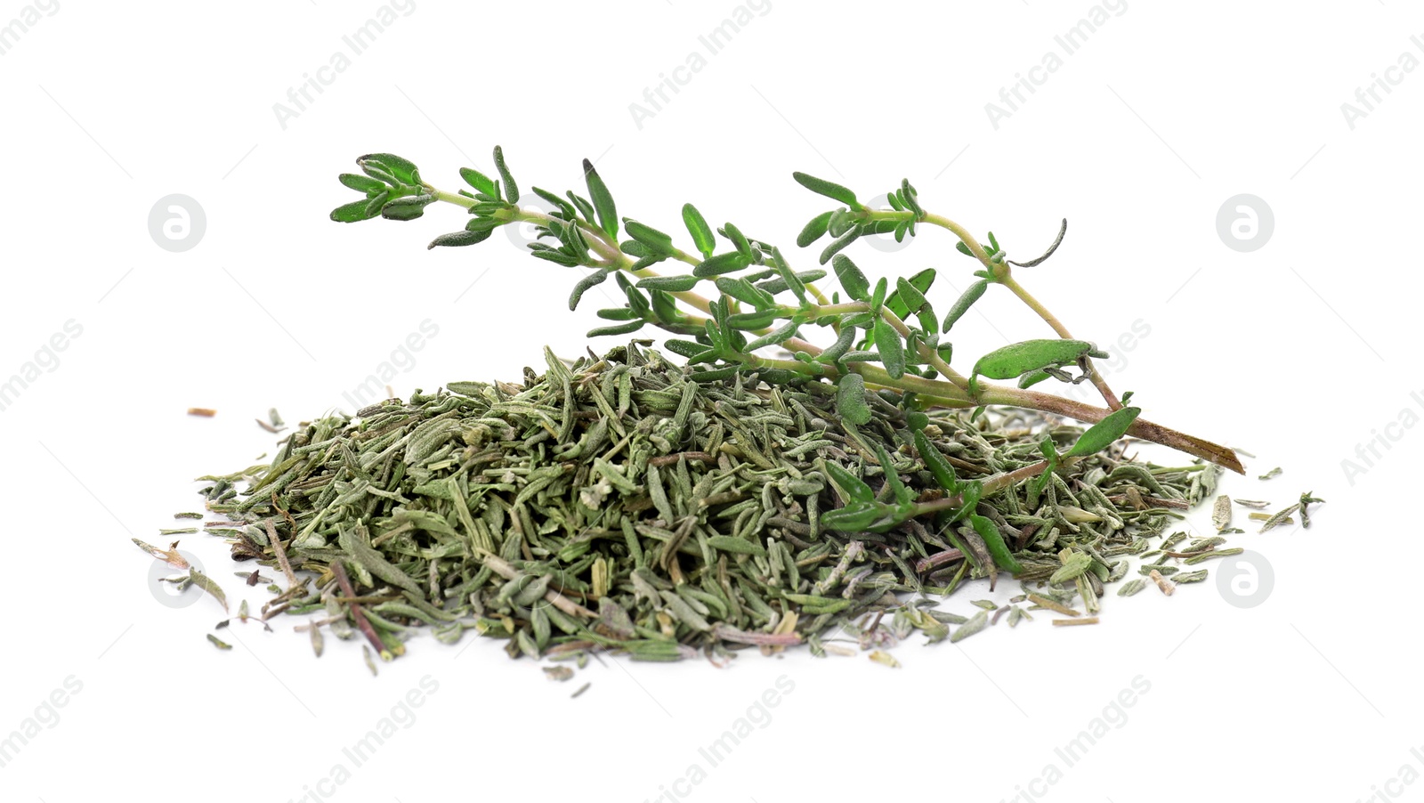 Photo of Pile of dried thyme and fresh herb isolated on white