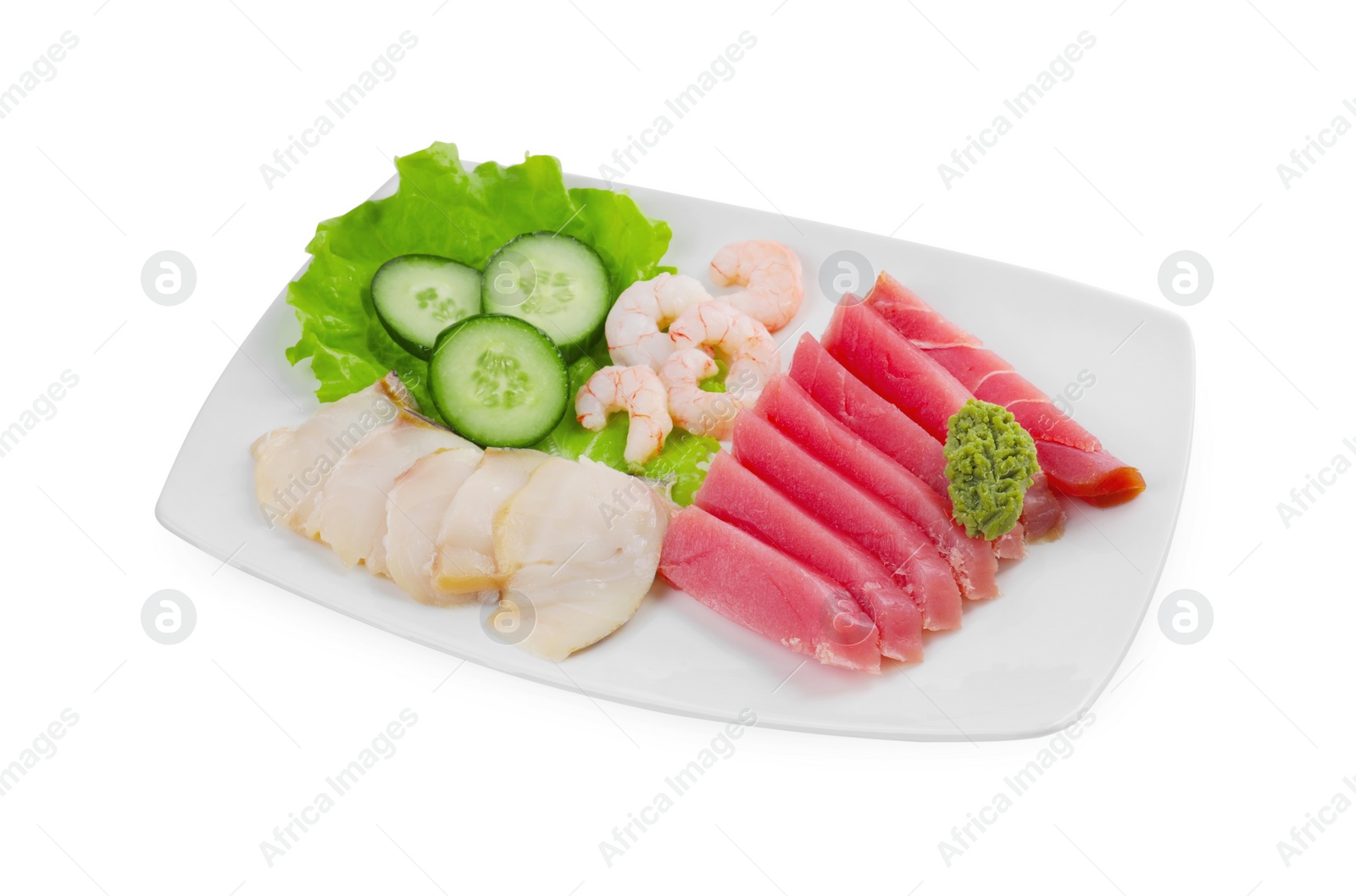 Photo of Sashimi set (raw slices of tuna, oily fish and shrimps ) served with cucumber, lettuce and vasabi isolated on white