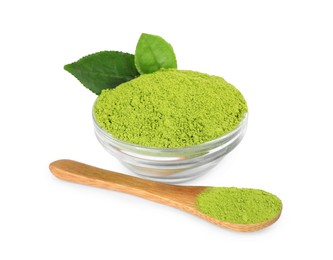 Leaves, bowl and spoon with matcha powder isolated on white