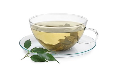 Photo of Refreshing green tea in cup and leaves isolated on white