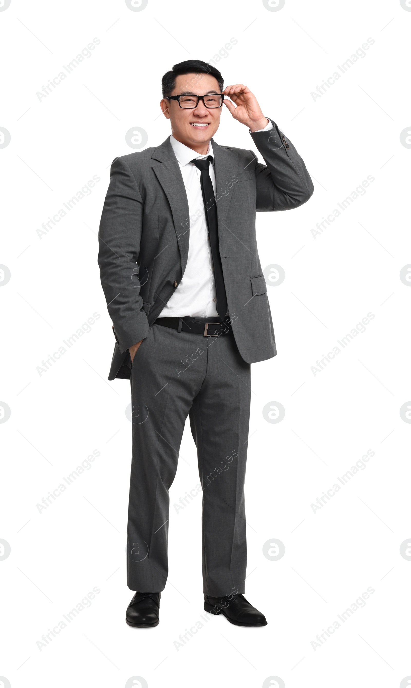 Photo of Businessman in suit wearing glasses on white background