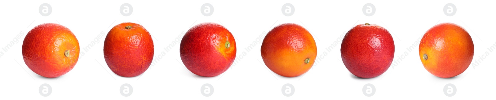 Image of Set with ripe red oranges on white background. Banner design