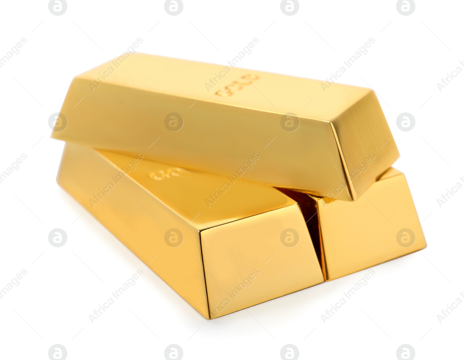 Photo of Precious shiny gold bars on white background