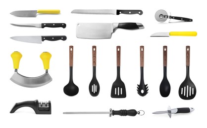 Image of Set with different kitchen utensils on white background 