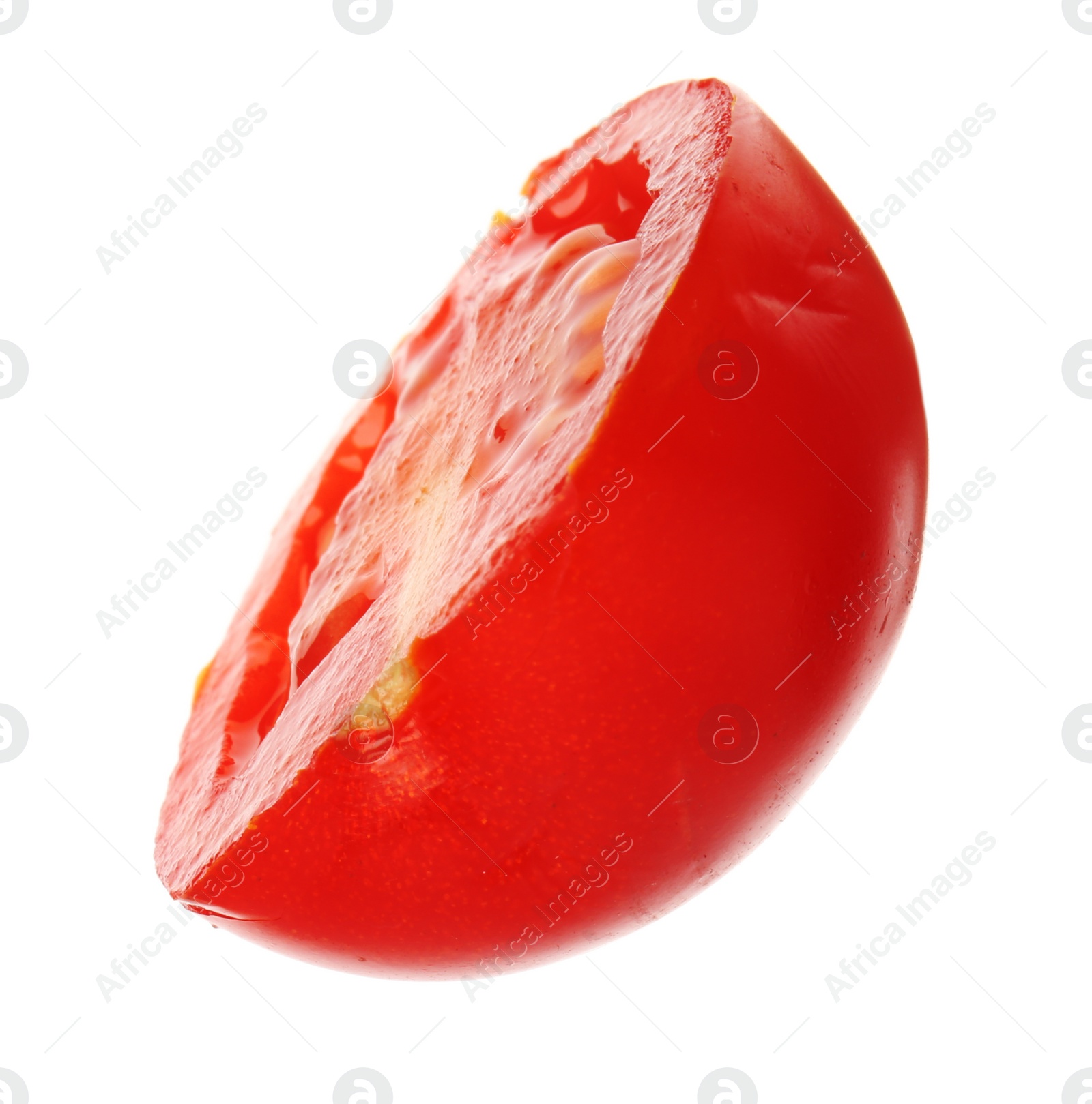 Photo of Slice of ripe tomato on white background