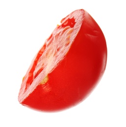 Photo of Slice of ripe tomato on white background