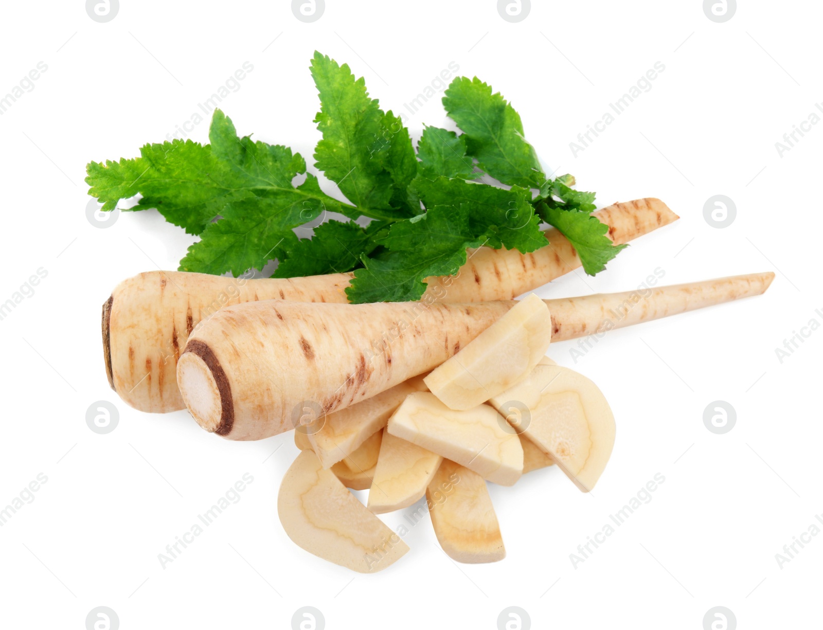 Photo of Tasty fresh ripe parsnips on white background, top view