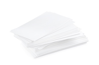 Photo of Stack of business cards on white background. Mockup for design