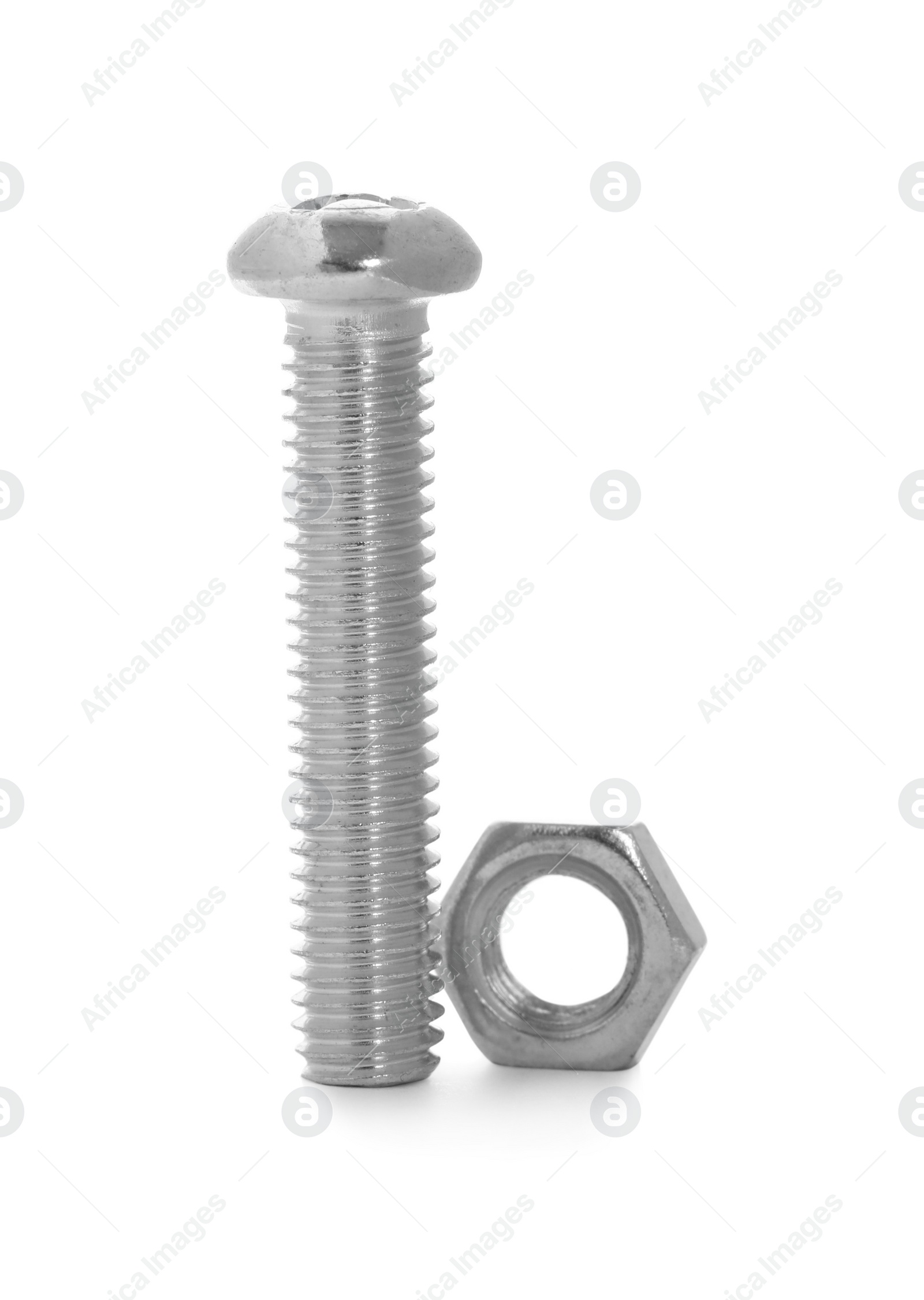 Photo of Metal carriage bolt and hex nut on white background