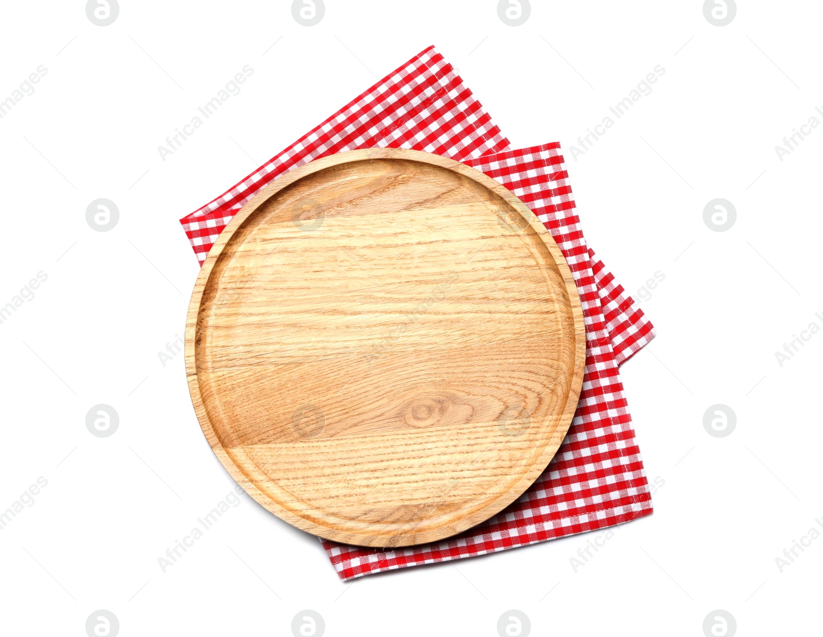 Photo of Empty wooden board and checkered napkin isolated on white, top view