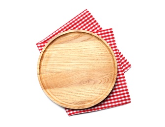 Empty wooden board and checkered napkin isolated on white, top view