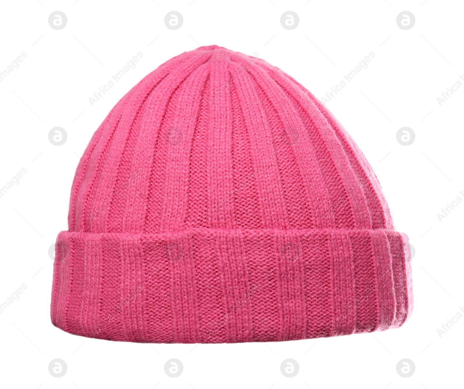 Photo of Woman wearing pink knitted hat on white background, closeup. Winter sports clothes