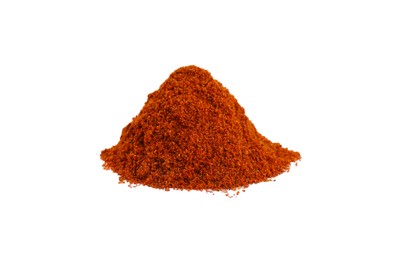 Photo of Heap of aromatic paprika powder isolated on white